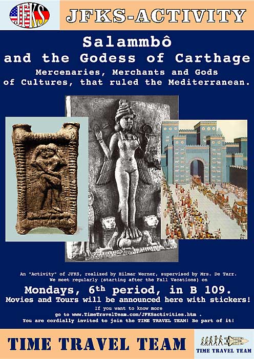 Veranstaltungsposter von TimeTravelTeam für die John-F.-Kennedy-Schule. Die Reihe bot u.a. einen Besuch im Pergamon-Museum zum Thema: "Der Kult um die Große Göttin"